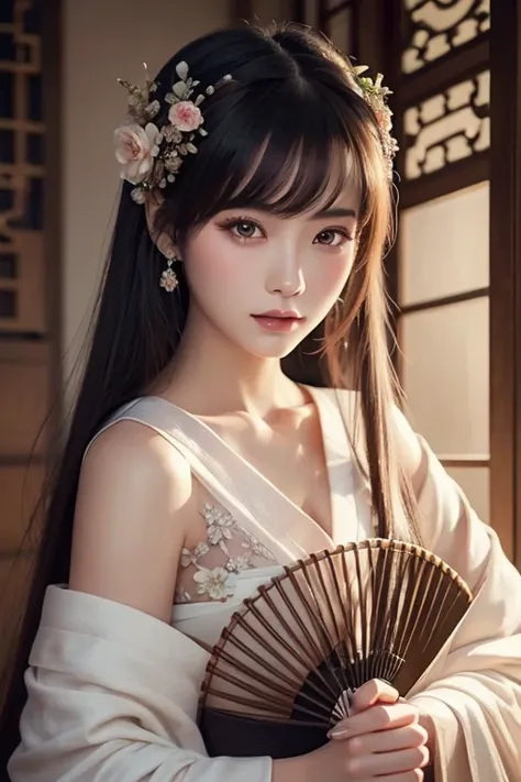 Holding a fan、Woman with flowers in her hair,  Exquisite Digital Illustration,  Beautiful Artwork Illustrations ,  amazing digital illustrations ,   beautiful digital artwork  ,,    , Empress of China, Portrait of a Geisha,  beautiful fantasy empress ,  be...