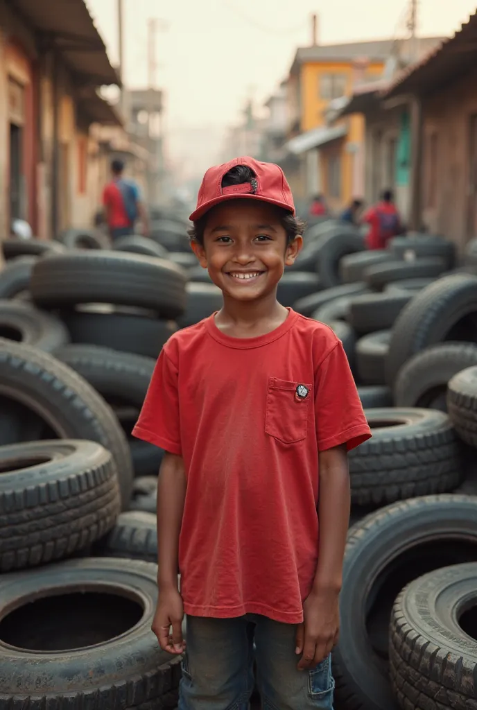 A Peruvian boy in a red shirt and cap selling tires 