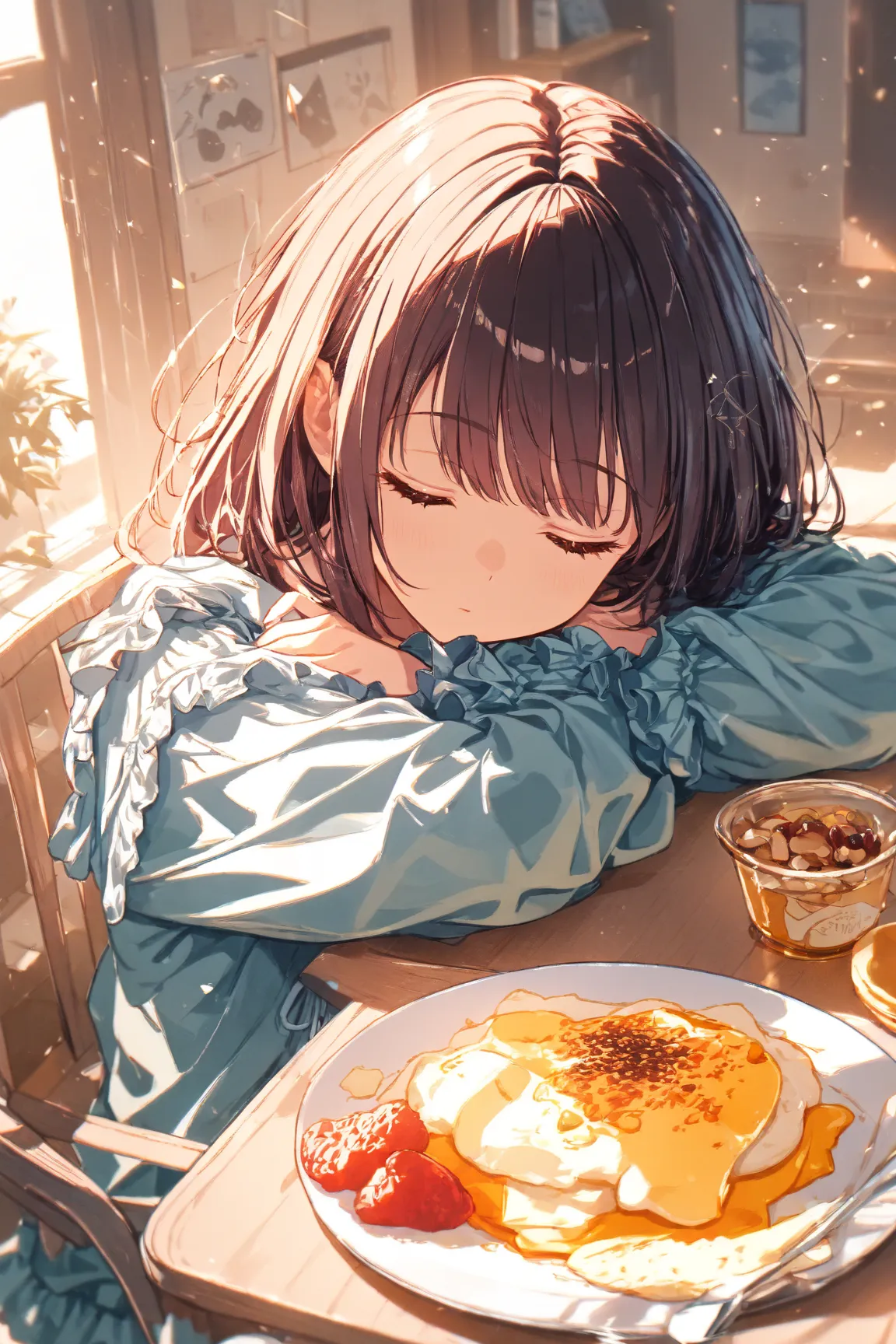 ((masterpiece , best quality,Super Detail)) , high definition,(Beautifully Detailed Eyes) , (very detailed face),is sleeping,high school student,ruffled pajamas,one girl,breakfast,indoor,Home, table,sitting on a chair holding,simple background