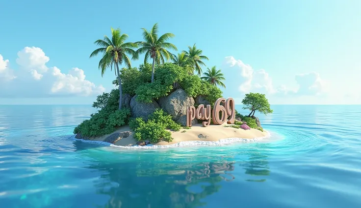 I want the 3D ocean background for surfing. In this background there is very small tiny island. This Island name is call "Pay69.". Add the little font with tree for this name "Pay69." on this Island.