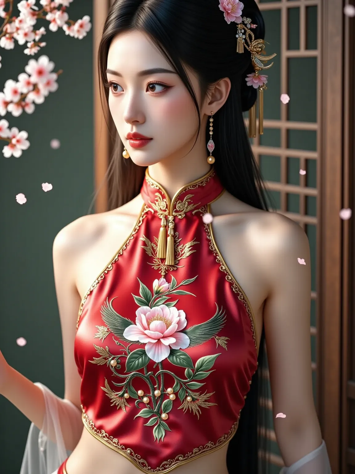 surreal detail 8K realistic photography style，showing classical Chinese aesthetics in soft natural light，A 20-25 year old Chinese woman wearing a dark red silk belly，The silk surface shows fine reflection and subtle light transmission effects（with subsurfa...