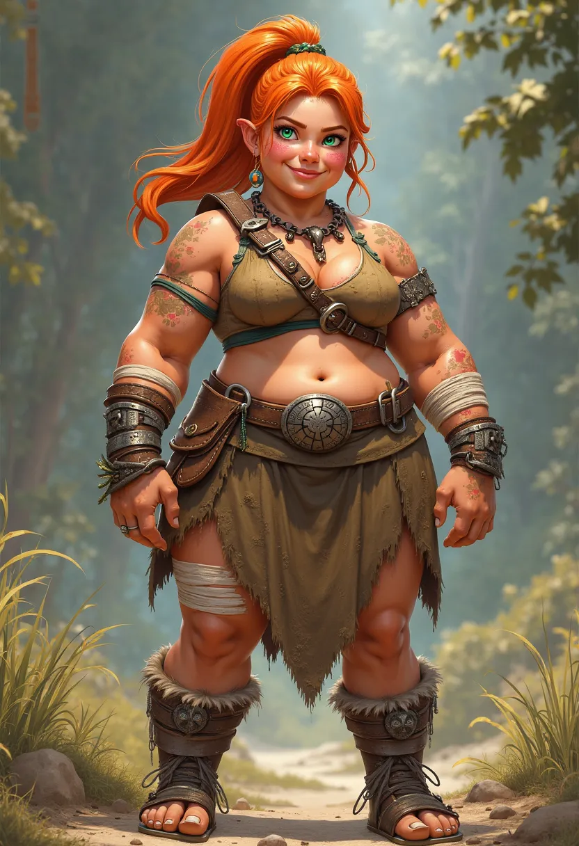 Tall and strong girl, chubby, orange hair, ponytail, green eyes, freckled, bandages on arms and legs, brown rough fabric top, brown rough fabric skirt, fang necklace, smilling, fighter, tribal, character design, full body