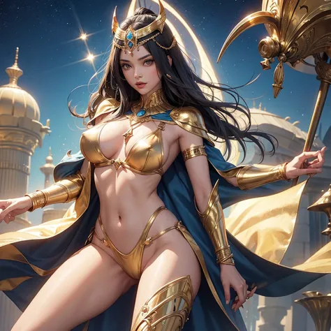 Metallic nipple bikini cape, female Pharaoh spreads her thighs, chest contours, full nudity, and minimal body coverage