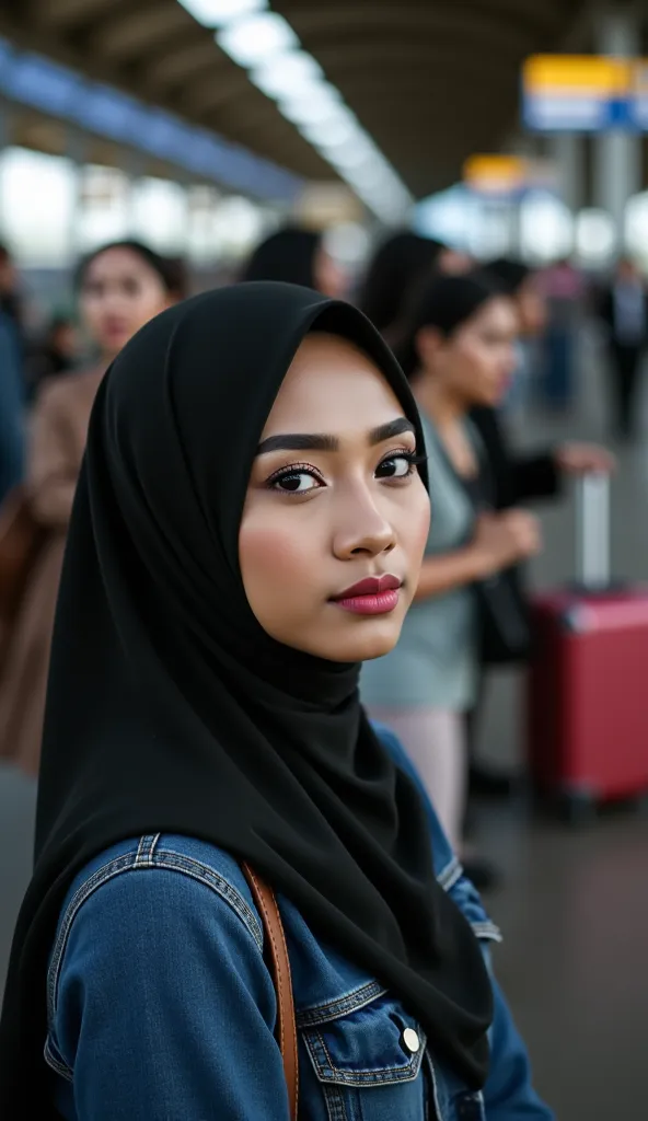 Beautiful malay mix thai, hijab black, 
Long dress denim,Black kasut,pink lips Beautiful, eyelash, at the train station, with suitcases, sitting waiting for the arrival of the train,blur background, several women carrying suitcases