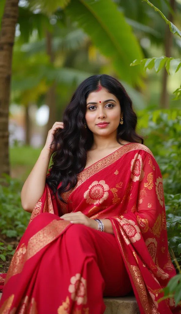 A full length photo of  malayali house wife, curly long  black hair, new innovative beautiful designer saree and velvet  blouse, sitting in a nature resort in thailand,Looking at viewer, High Resolution, 