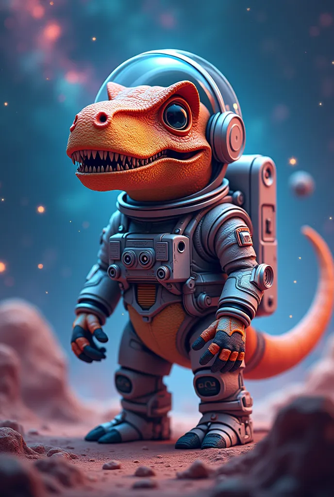 Graphic cover design with the image of a fun astronaut with the face of a gamer dinosaur