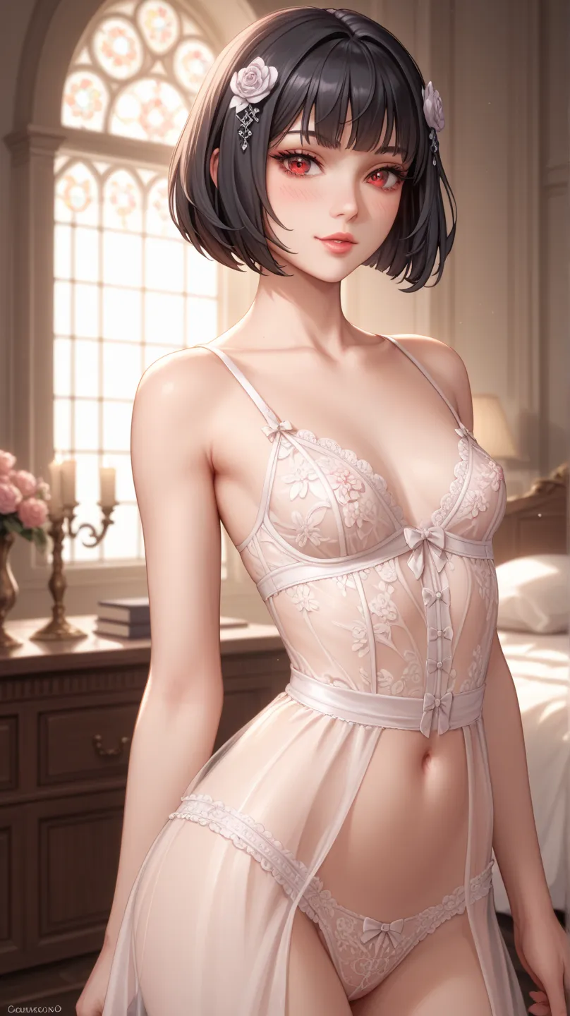 NSFW, very beautiful detail, high quality, masterpiece, very aesthetic, 4k, resolution, highest quality, A cute girl is standing next to the bed, wearing a short see-through frilly lingerie gown, made of soft translucent fabric like lace, adorned with ruff...