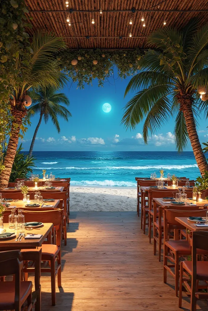 I want to imagine you getting wider. I want an artificial beach inside a spacious cafe with beach chairs and then chairs and dining tables. We will add an LED strip under each table. The ceiling is an artificial climbing tree, LED strips on the ceiling, an...