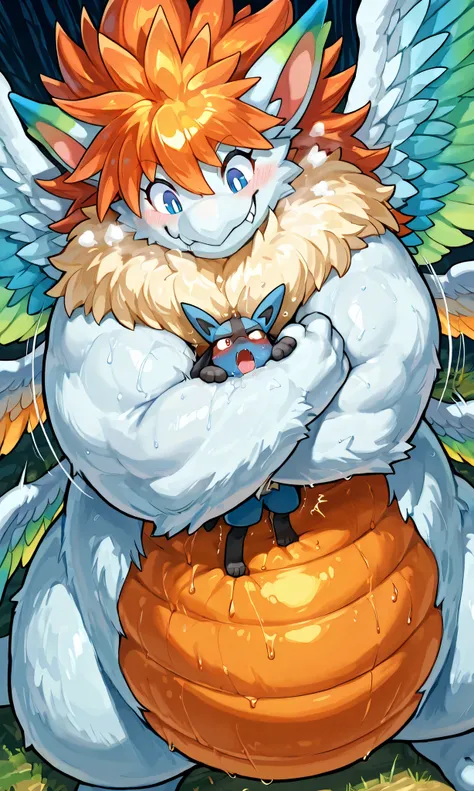 giant feral flammie_mana, small lucario, bearhug, [flammie_mana:furred dragon, neck fur, orange hair, blue eye, orange underbelly, feathered Wings, color tipped wings, four wings, hugging, carrying person, heavy weight bulky giant, massive strong large bod...