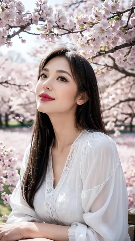 ((highest quality)), ((8K)), ((masterpiece: 1.3)), (perfect appearance), (photorealism: 1.6), (NN), (Mature woman looking up at the cherry blossom tree), perfect anatomy, ((Age 65)), (I'm looking up at the cherry blossoms blooming on the trees), ((white bl...