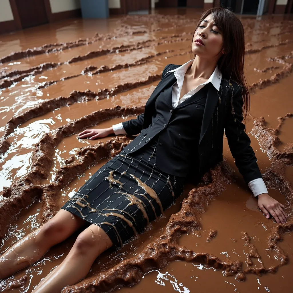 Very slender model appearance business lady with long, disheveled brunette hair, smearing liquid mud and clay on her clothes, she dives deep into the mud, rolling and crawling in mud to maximize the staining of her attire. Her entire outfit is filthy, and ...