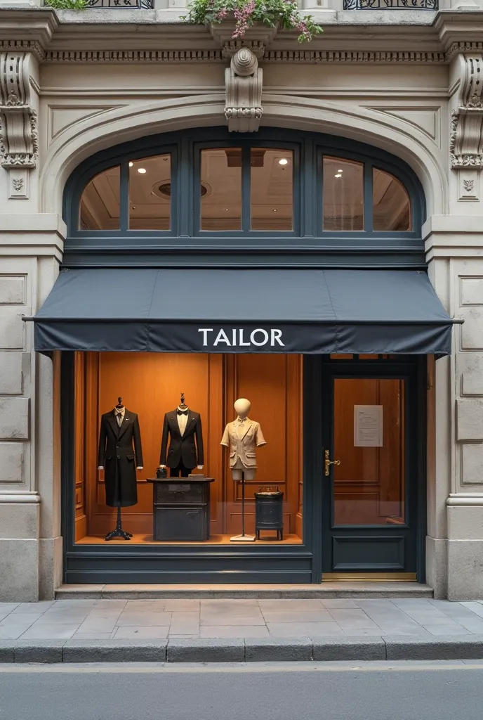 half-sided view of a minimalist, classic-style tailor store facade, with awning and two large windows, highly detailed, photorealistic, 8k, realistic lighting, perfect composition, intricate textures, elegant classical architecture, storefront display, dow...