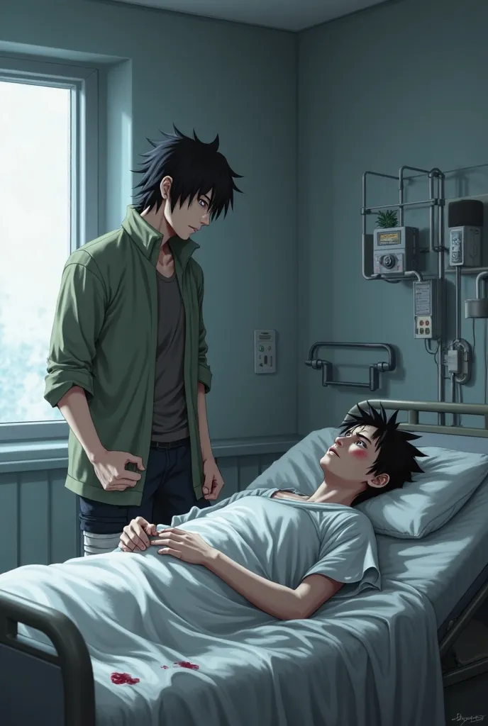 Sasuke in the hospital hurt with Naruto next to him realistic 3d 