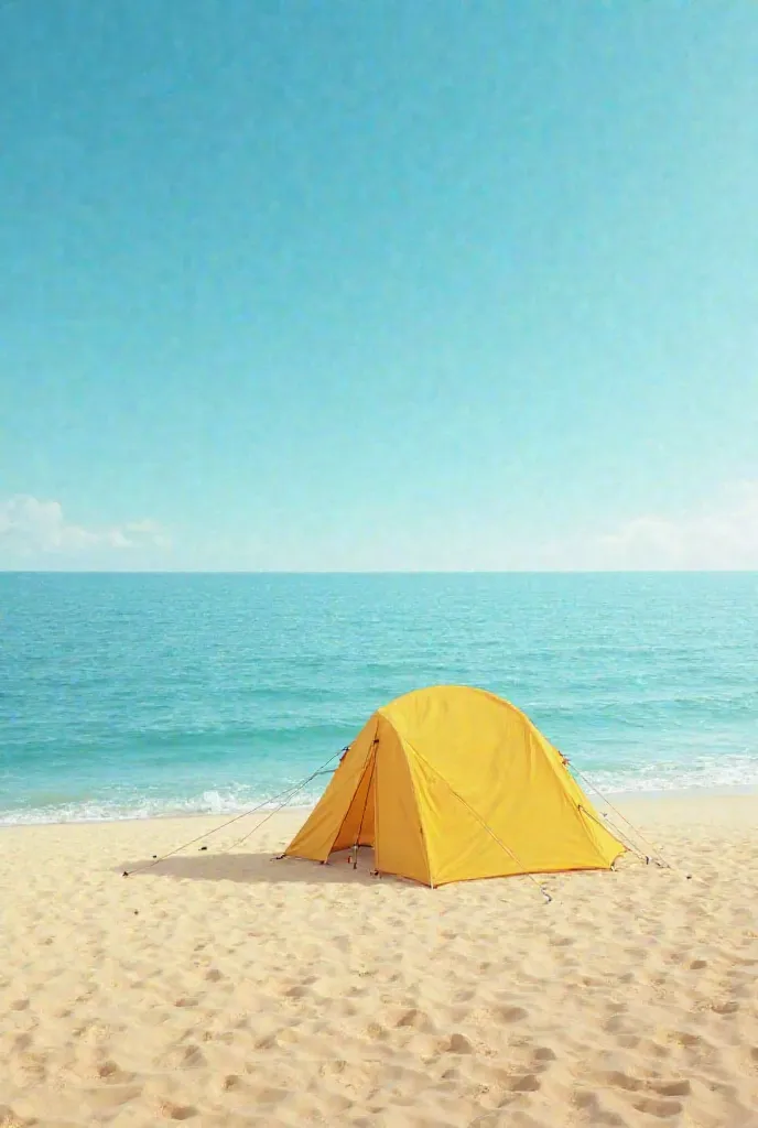 Yellow tent in the middle of the sand, beach, beautiful sea, far corner