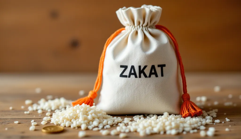 A white drawstring bag labeled "ZAKAT" in black text, filled with white rice grains, placed on a brown wooden surface. The bag has two orange tassels hanging from the top. In the background, there are a few gold coins and more white rice grains scattered a...