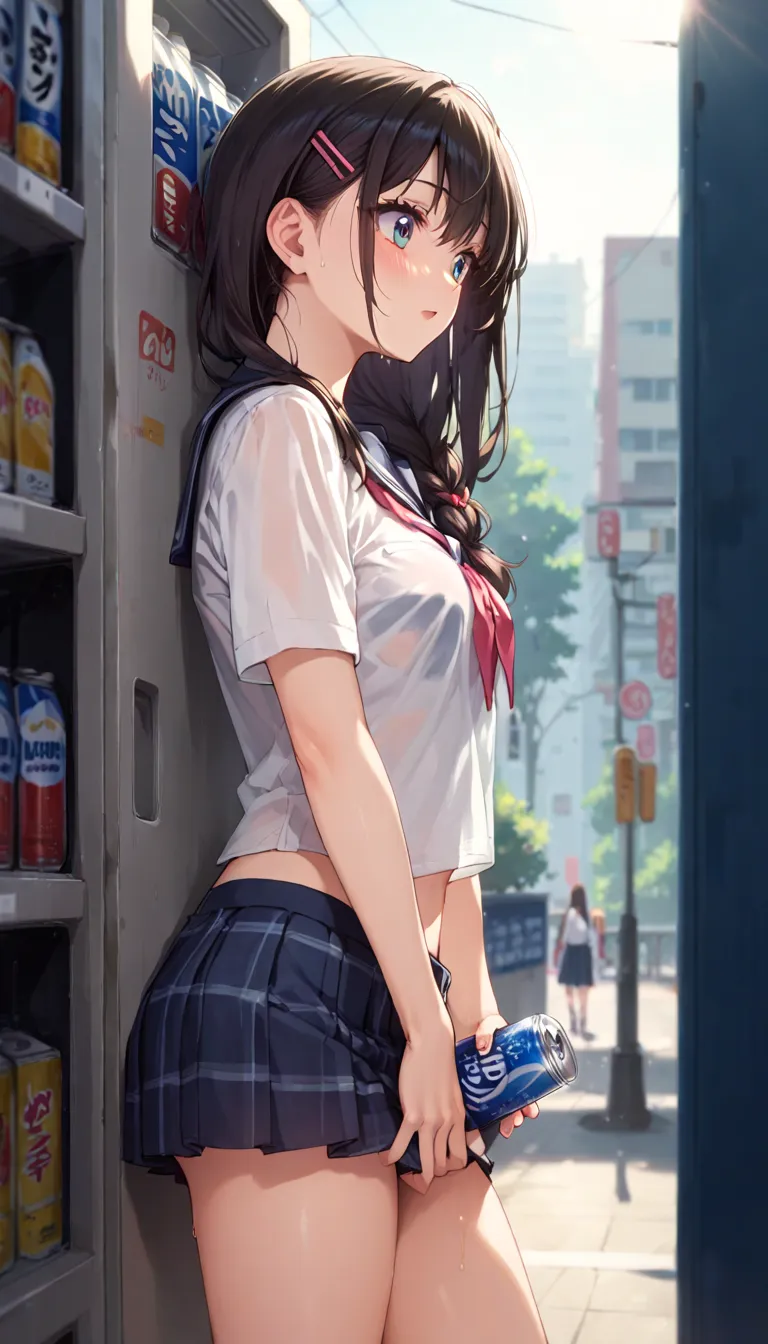 A cheerful high school girl with shoulder-length dark brown hair, wearing a Japanese summer school uniform with a short-sleeved blouse and a plaid skirt. She stands in front of a vending machine, tilting her head back as she drinks from a cold soda can, he...