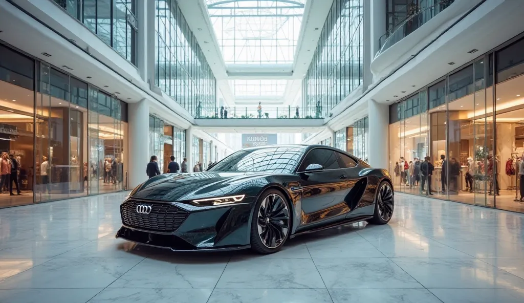 Interior view of cabin of Audi e Tron gt in a huge mall