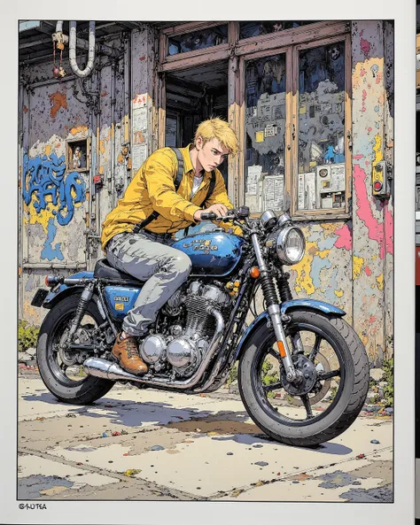 (he's wearing work clothes. he's riding a Yamaha SR400 motorcycle.), 1 man in plain clothes, Japanese, , high quality, masterpiece,  accurate, top quality, high quality model, high detail, (((has a soft))), ((classy with a handmade feel、 matte and toy )), ...