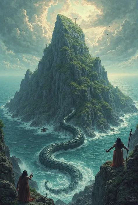 A mountain is situated in the middle of the ocean, and a large serpent is coiled around it. On both sides of the mountain, demons (Asuras) are pulling the serpent, just like it happened during the Samudra Manthan.