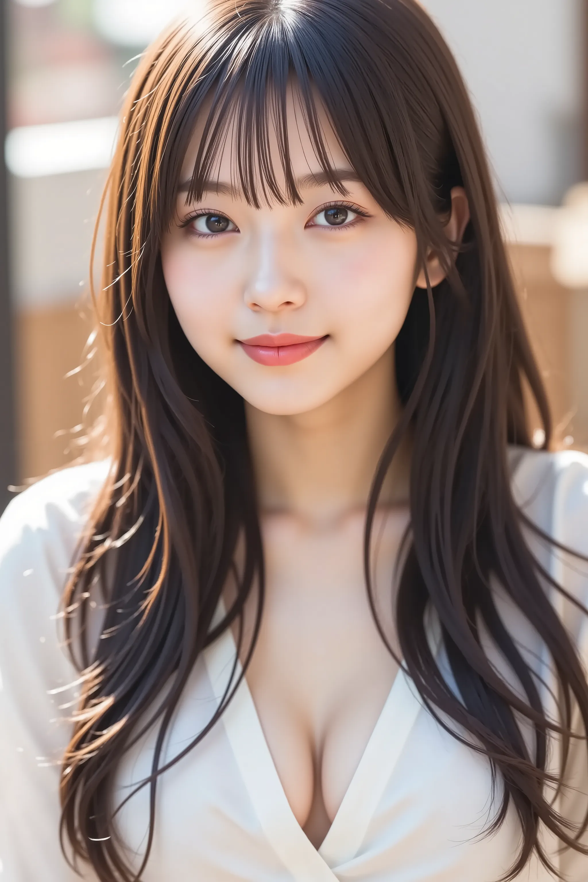 face positioned accurately in the center of the image, Upper chest, head is fully reflected with tight tension, face is clearly visible as a full body shot, white shirt, Women's Room Background 、long hair around my chest, Bangs, smile, young and cute Japan...