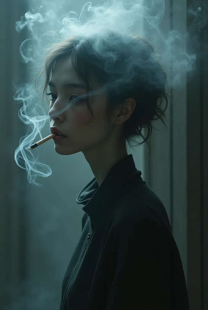 A man smoking who looks like a woman from cigarette smoke
