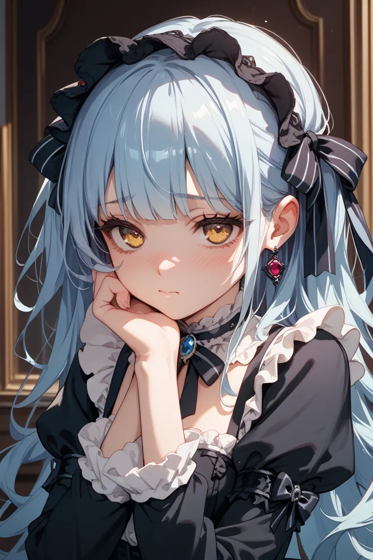 Light blue hair, yellow eyes, gothic lolita, shy face