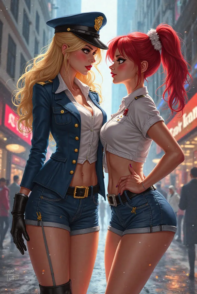 You can draw a blonde female cop in a miniskirt with a red-haired nurse in a miniskirt 