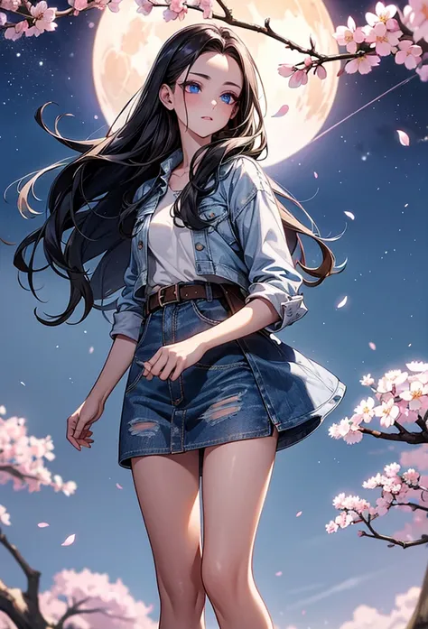 8k,high res,Skin details, Beautiful facial features, Exquisite makeup, forehead,short denim jacket ,White mini dress ,light brown belt,whole body,cherry blossoms,night sky, stars, full moon ,blue eyes,black hair,Semi-long hair --p