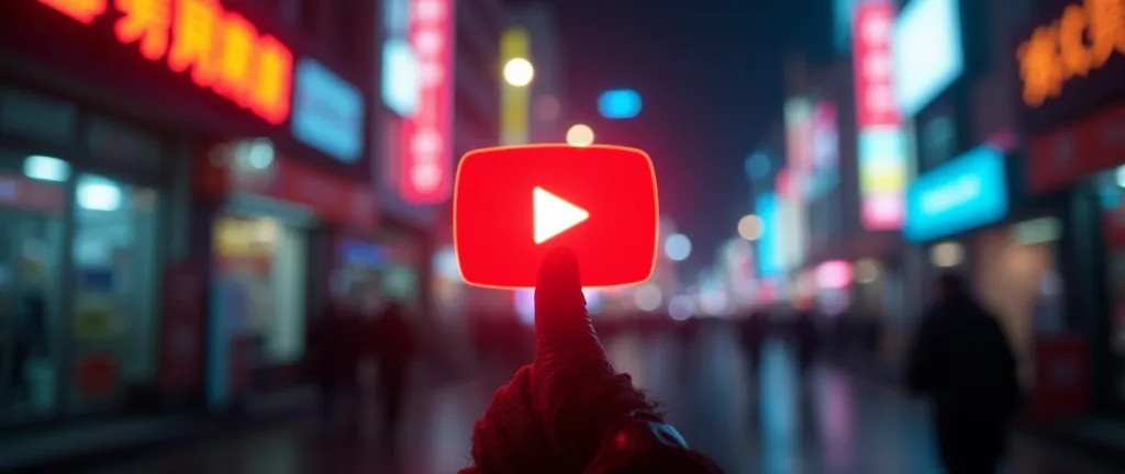 big youtube mark in the middle of a cyberpunk night town、There is also a finger mark as a guide to getting that YouTube mark pressed、Please blur the background