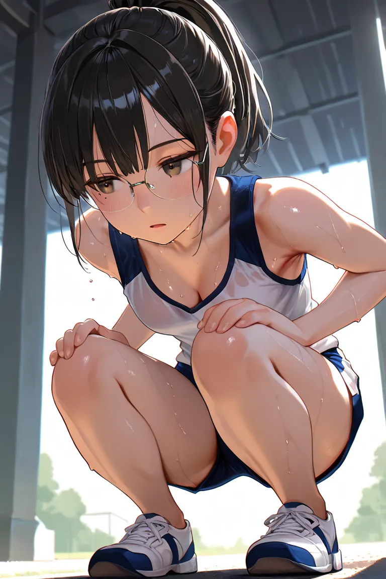 masterpiece, 8k, school, shoes, bare feet, ponytail, black hair, sweat stains, school white gym ware, high cut track shorts, glasses, (mole under the eye:1.0), (leaning forward squatting:1.5), put hands on knee, 1girl, Cleavage, sweaty armpits, thin chests...