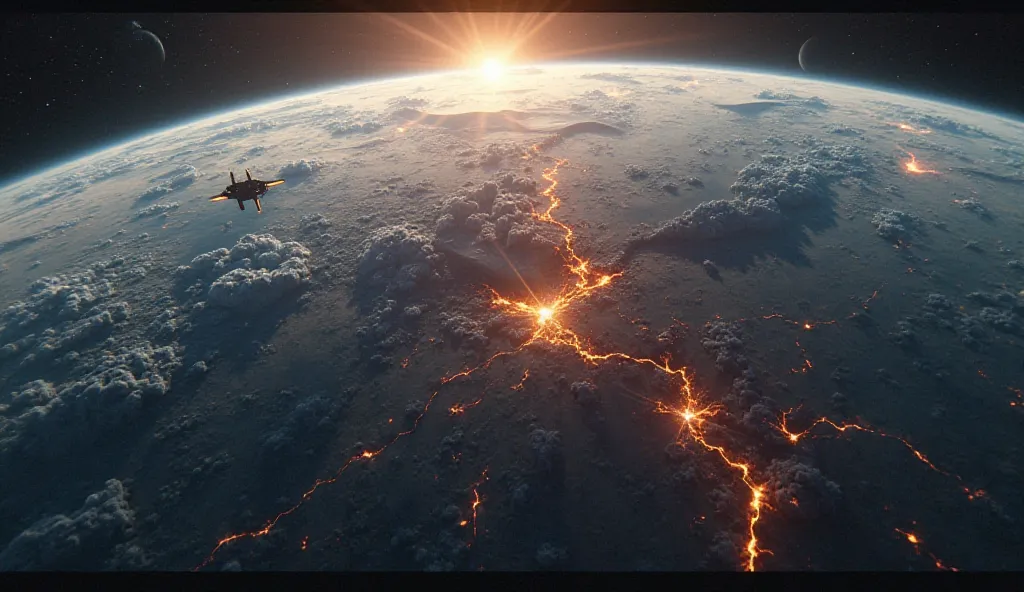 Ultra-detailed, cinematic view of Earth from orbit, massive dark scars across continents, fiery cracks spreading across the land, glowing alien structures rising from the surface, a destroyed space station drifting in the foreground, lens flares, deep spac...