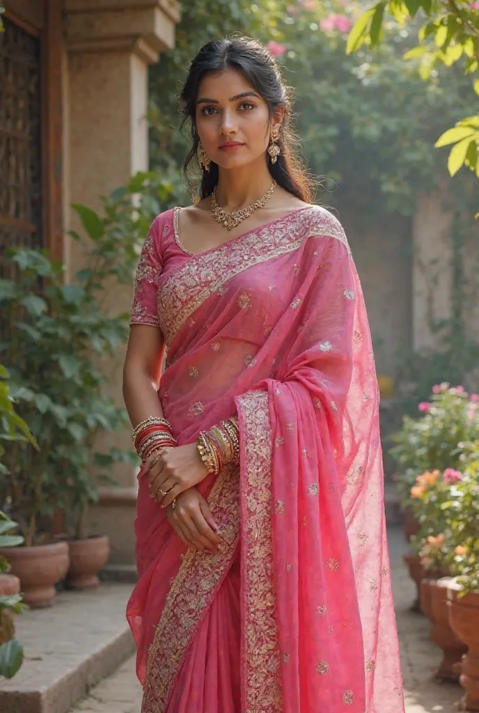 I need a traditional girl in a traditional and gorgeas rani pink saree , height: 166, weight:62 kg , colour white generate descent and beautiful girl with oval face