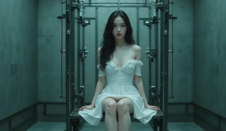 long elevated shot of (1woman), wide frame shot, full body pose, an albino European South East Asian mixed woman, (Caucasian), (albino), sexy busty, big breast, big thigh, (white pale skin), black hair, wearing a white midi dress with a thigh-high slit, (h...