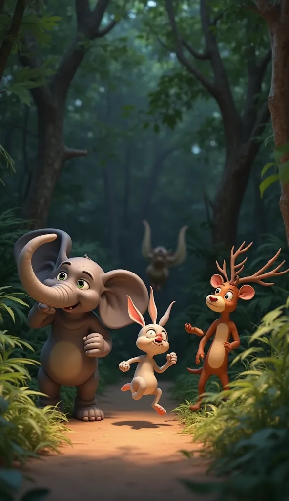 A Pixar-style 3D illustration of the jungle animals angrily surrounding the rabbit, who looks frightened and guilty. The elephant raises its trunk, the monkey points angrily, and the deer stamps its hoof. The rabbit, realizing his mistake, is shown running...