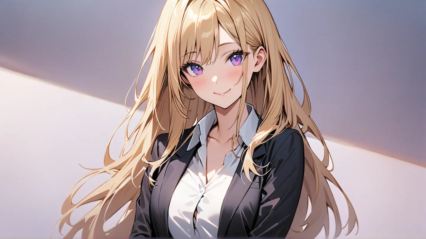 1 girl, alone, solo,
((top quality、high definition、Highly Detailed 8K Wallpaper))

purple eyes, long hair,blond hair, small tits,mature,

business casual clothes,smile,After work,