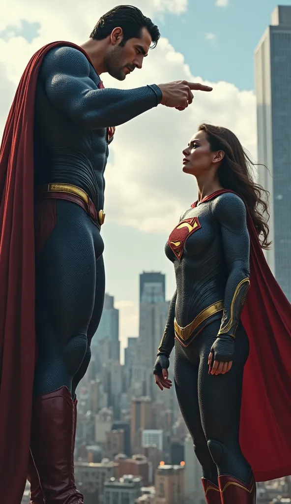 Superman pointing the finger at the superhero and her crying 