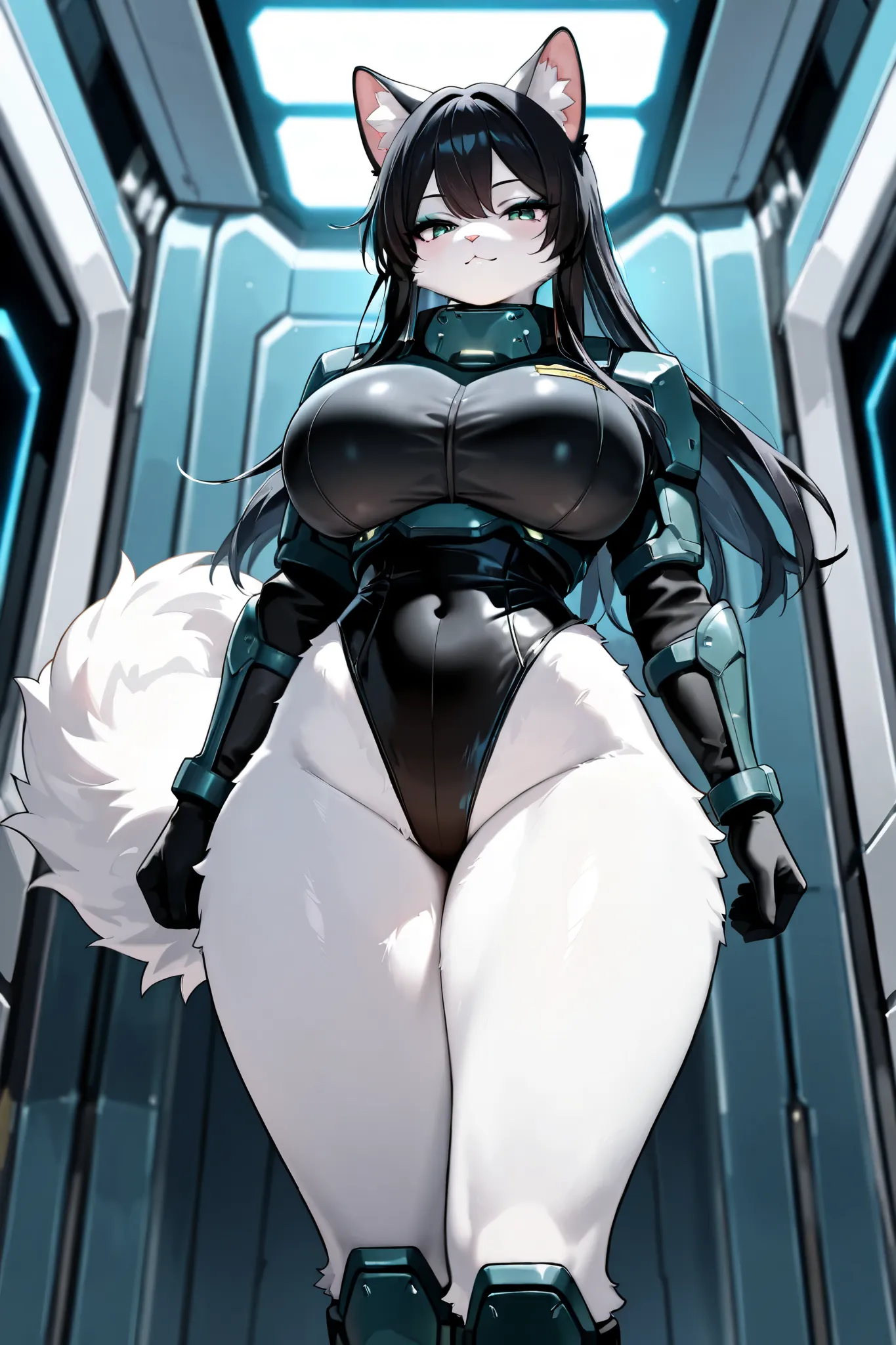 Score_9, Score_8_up, Score_7_up, Score_6_up, Score_5_up, Score_4_up, Source_anime, Tag1, Tag2, Quality_masterpiece, vibrant colors, Anatomically correct, 1girl, furry, detailed fluffy fur, big breasts, hin waist, thick thighs, Eyelashes, cat girl, (white f...