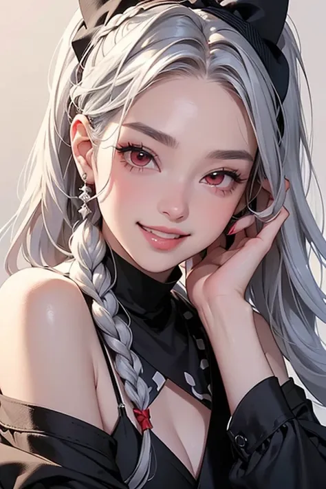 (top quality, masterpiece:1.2), high definition, 最高masterpiece、is very well detailed, realistic:1.37,   fantasy, ((  Silver Hair)).'((red eyes)).  queen,   black dress、beautiful、 Eye Shadow Red     、 Tai Eyebrows、Long Lashes、The students are black  .、Lips ...