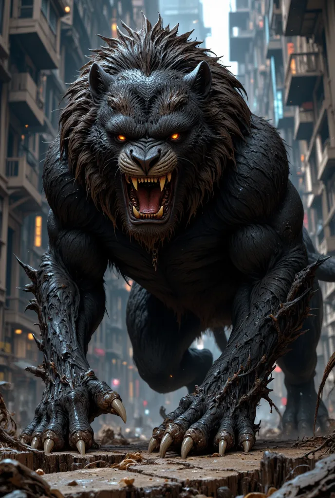 Create a black furry beast with large claws and fangs the size of a human, it is growling while looking proud, similar in shape to a lion but much larger. It has characteristics of a large dog as well. It is on all fours with brown fur