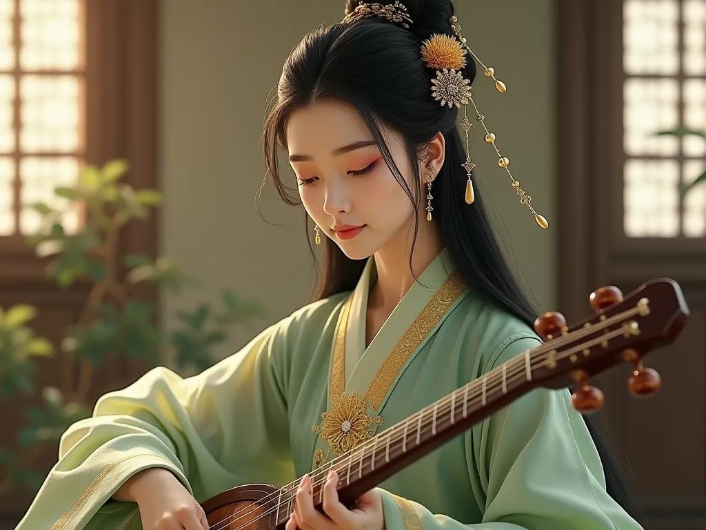 A beautiful ancient Chinese woman in a serene traditional setting, playing a guqin. She has long black hair styled in an elegant updo adorned with delicate floral hairpieces and gold ornaments. Her flowing hanfu robe is a soft green with intricate golden e...