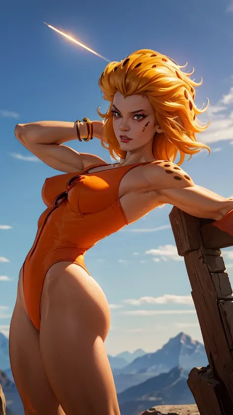 Cheetara, Thundercats, sexy girl, powerful, half naked, cheetah skin, very ripped classic outfit, dressed in battle-torn white leotard, hard nipples, orange bracelets, orange boots, YOUNG, celestial body, abs, beautiful small breasts, obscene, sensual, mal...