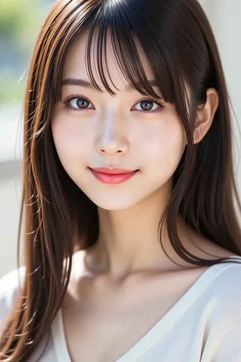 face positioned accurately in the center of the image, Upper chest, head is fully reflected with tight tension, face is clearly visible as a full body shot, white shirt, Women's Room Background 、long hair around my chest, Bangs, smile, young and cute Japan...