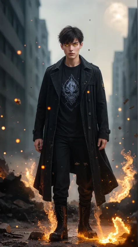 A hyper-realistic cinematic portrait of Sung Jin-Woo (Solo Leveling), standing in a dark battlefield, surrounded by swirling black shadows and floating embers. His face is sharp and well-defined (strong jawline, high cheekbones), with deep-set eyes glowing...