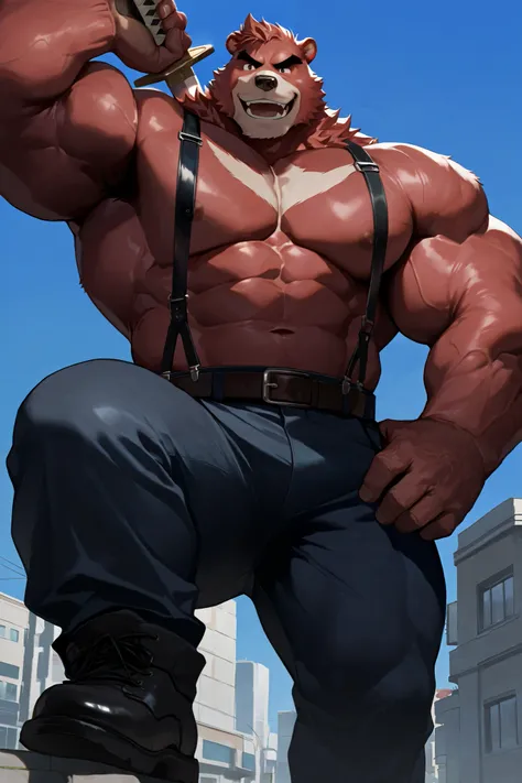 solo, 1boy, muscular, kumatetsu:1.3, red bear, very huge pectoral, pants, suspender, holding sword in shoulder, detailed face, blue sky, tokyo, smile, detailed eyes, wide shoulder, thick arms, wide pectoral, muscle, short hair:1.2, detailed eyes, focus eye...