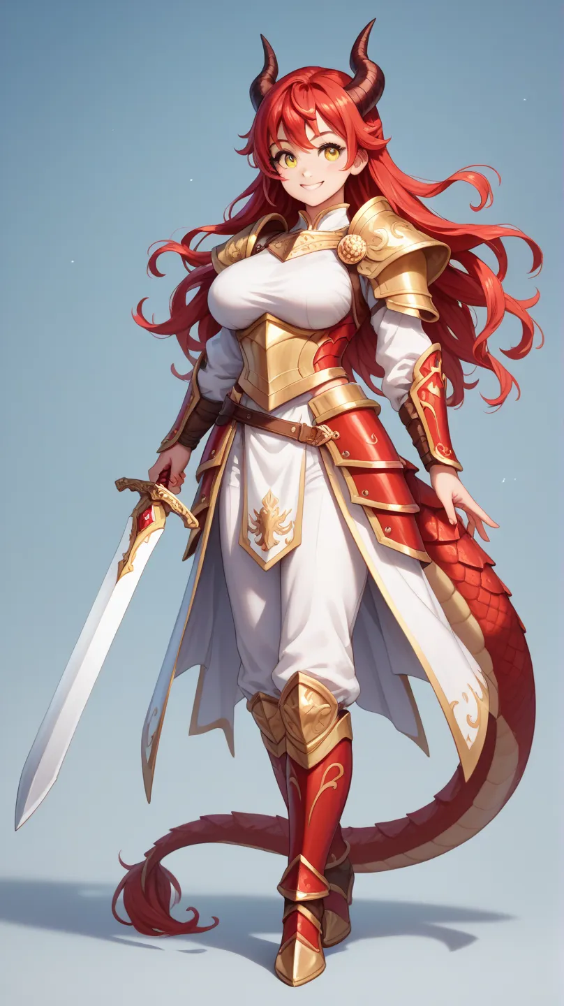 A young adult female red dragon dragonewt, with long red hair and golden eyes, wearing light armor, carrying a large sword, full body depiction, facing forward and smiling gently, very cute face, clear and beautiful eyes, standing on a plain, only the figu...