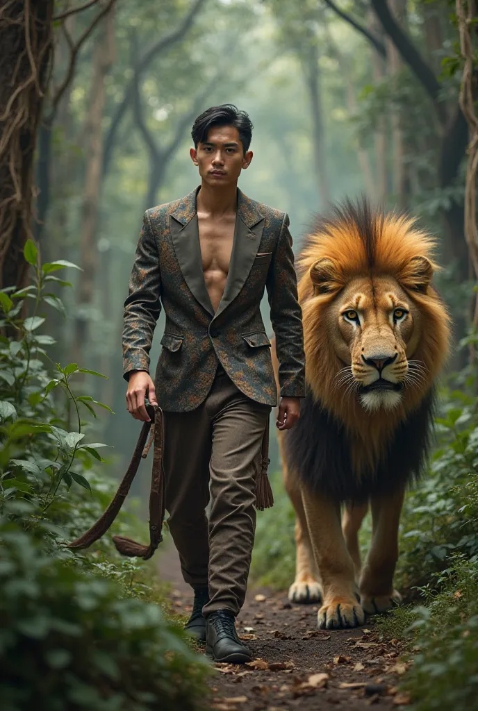 A charismatic and handsome young actor, Mai Phakphum Romsaithong, strides confidently through a perilous jungle. He is dressed in regal, elegant attire, radiating an aura of power and grace. By his side prowls a massive, fierce lion, its golden mane bristl...