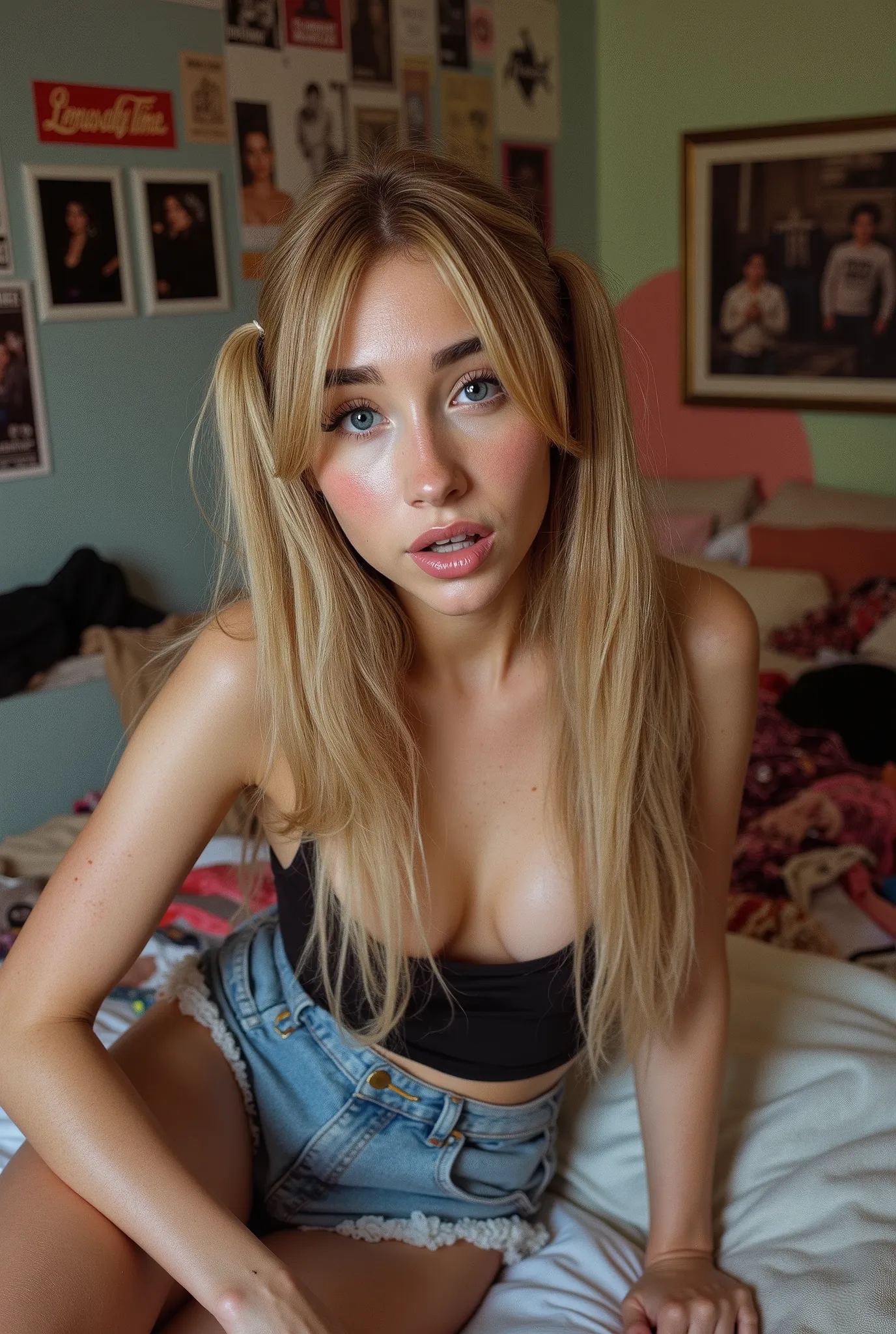 (photorealistic, disposable camera photo, 35mm) young woman, long blonde hair, pigtails, ((laying on back on bed, view from ceiling looking down at woman)), dirty bedroom with clothes strewn about, band posters on wall, colorful walls, 1990s decor, tank to...