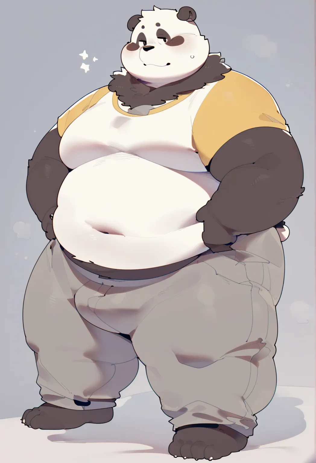 panda bear,eyes,adult, T-shirt (white),  Put your hands on your hips , wear long pants (Marrones), (( Standing forward )),Alone ,anthropo,gordo,chubby, plump cheeks, obese),chubby,yaoi,doujin,full body,white background on white,by Quanjiang,