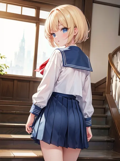 masterpiece, top quality, very detailed, 8k, ultra high definition, cowboy shot, detailed faces,  look back,  female, blue eyes,  Gold, short hair, sailor suit, long skirt, school stairs,  stairs,back shot