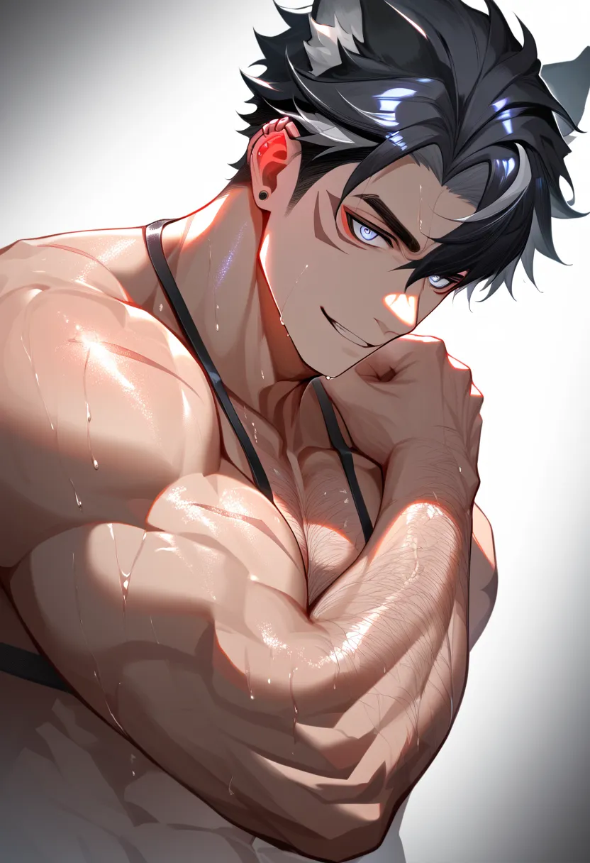 masterpiece, best quality, newest, absurdres, highres, asian male, ,1boy, bara, solo male focus, Wriothesley, black hair, two-tone hair, animal ears, grey hair, scar on neck, cinematic portrait, perfect style, shading, flexing bicep, smirk, sweaty, shiny s...